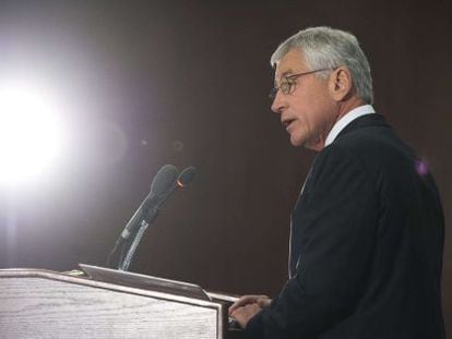 El secretario de Defensa, Chuck Hagel, durante su intervenci&oacute;n en el CSIS.