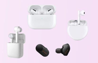 De izquierda a derecha: Xiaomi Airdots Pro, Apple AirPods Pro ,Sony WF-1000XM3 y Huawei Freebuds 3.