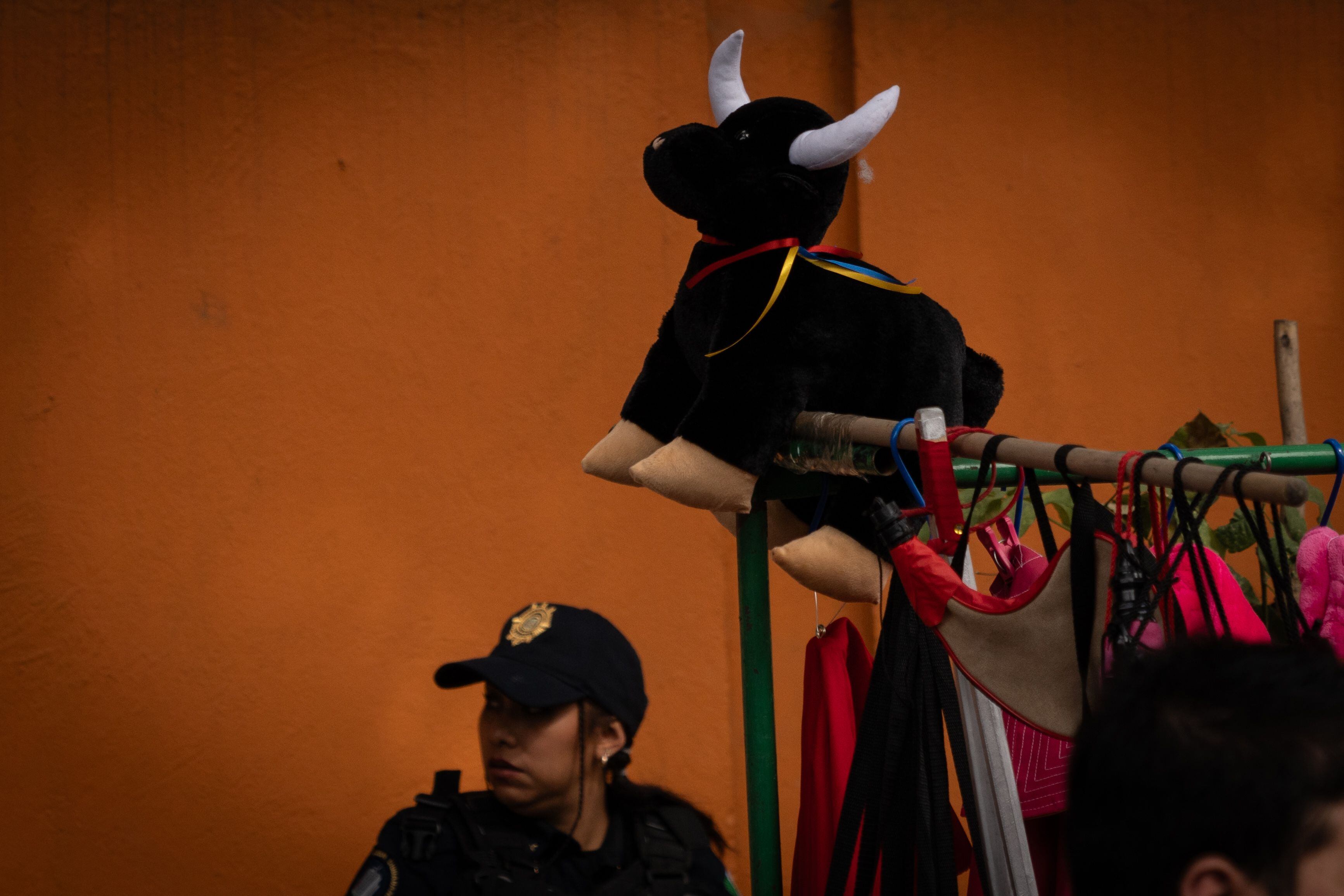 Elemento de la policía capitalina durante la protesta contra las corridas de toros realizada este domingo.