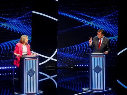 Sergio Massa interactua con Myriam Bregman, durante el debate del domingo en Buenos Aires.