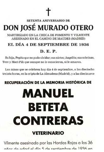 Esquelas en memoria de fallecidos del bando nacional publicadas en  <i>El Mundo</i> (las dos primeras) y <i>Abc </i><b>(a la derecha)</b>.