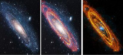 La galaxia vecina Andrómeda, fotografiada en luz visible (izquierda), en rayos XX con el telescopio <i>XMM-Newton</i> (centro) y en infrarrojo, con el <i>Herschel</i>.