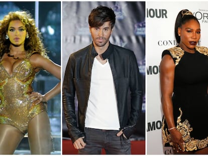 De izquierda a derecha: Beyonc&eacute;, Enrique Iglesias y Serena Williams.