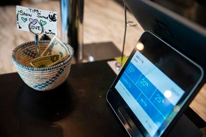 A Square payment device at a coffee shop in the Union Market district in Washington, DC, US, on Friday, Sept. 8, 2023