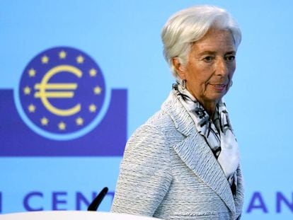 Chirstine Lagarde, presidenta de BCE, en rueda de prensa