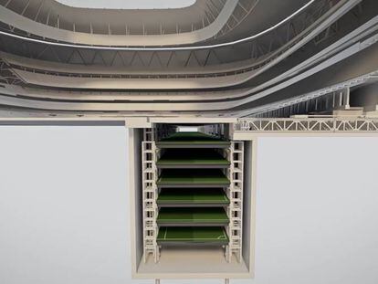 Recreación virtual del invernadero que el Real Madrid construye bajo el Santiago Bernabéu para almacenar el césped y conservarlo para la celebración de eventos