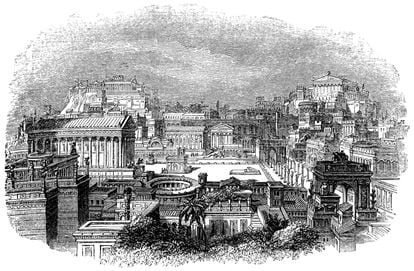 A mid-19th century engraving showing what the Roman Forum looked like in the 1st century AD.
