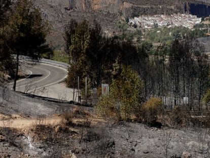 Monte quemado junto al n&uacute;cleo urbano de Chulilla, al fondo. 