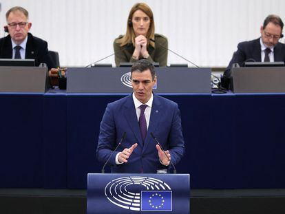 Pedro Sánchez, durante su intervención ante el Parlamento Europeo.
