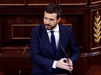 El líder del PP, Pablo Casado, durante su intervención en la segunda sesión del debate de moción de censura presentada por Vox, este jueves en el Congreso.