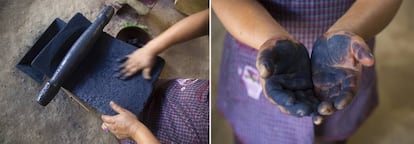 Juana Gutiérrez muele añil para sus textiles.