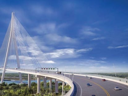 Recreaci&oacute;n del puente Gordie Howe, que enlazar&aacute; la ciudad canadiense de Windsor con la estadounidense de Detroit.
