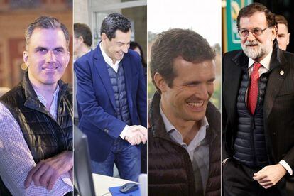Javier Ortega (Vox), Juanma Moreno (PP), Pablo Casado (PP) y Mariano Rajoy con luciendo plumas ligero. FOTO: TWITTER/ GETTY