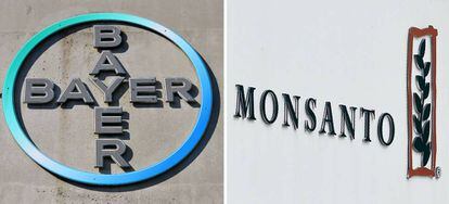 Imagen del logo de Bayer en Leverkusen (Alemania) y el de Monsanto cerca de Amberes (Bélgica).