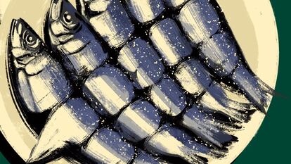 Comer sardinas con los pies enterrados en la arena