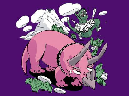 Ilustración de la portada de 'Se busca tricerátops rosa'.