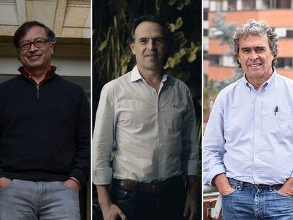 Los tres precandidatos mejor posicionados en las encuestas en Colombia: Gustavo Petro, Federico Gutiérrez y Sergio Fajardo.