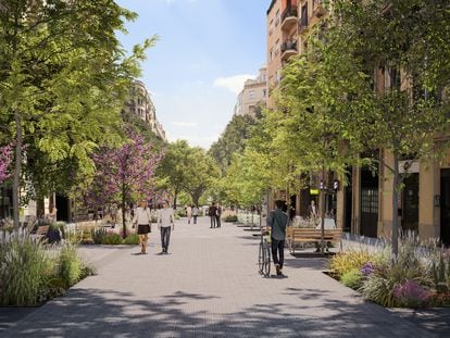 La calle de Rocafort, actualmente en obras, se convertirá en un "eje verde" dentro del programa Superilla Barcelona, en una imagen virtual.