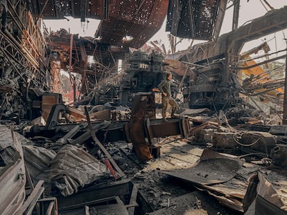 A Ukrainian soldier, in the ruins of the Azovstal steelworks, e.