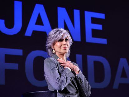 Jane Fonda, emocionada en su charla esta tarde en Cannes.