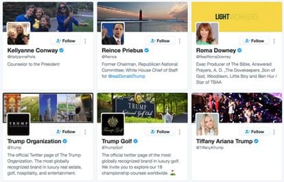 Seis de los 43 usuarios a los que sigue Donald Trump en Twitter.