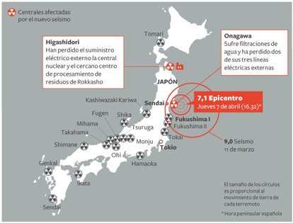 Mapa de Japón con las centrales nucleares afectadas por el nuevo terremoto.