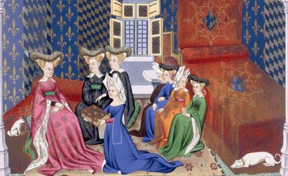 Un grupo de mujeres en una ilustración medieval.