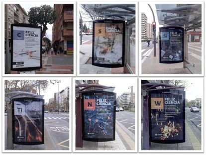 Carteles con los que la Universidad de La Rioja ha dado la bienvenida a 2019 y al Año Internacional de la Tabla Periódica en las paradas de autobús de la ciudad.