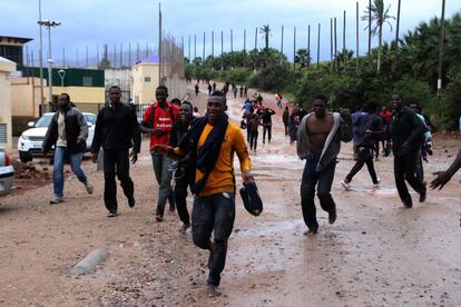 Un centenar de inmigrantes corren tras saltar la valla de Melilla a mediados de noviembre. 