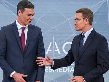 Pedro Sánchez y Alberto Núñez Feijóo, en el cara a cara televisivo de este lunes.