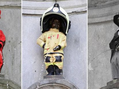 De izquierda a derecha, el Manneken Pis vestido como el personaje de cómic Spirou, bombero belga y con frac. 
