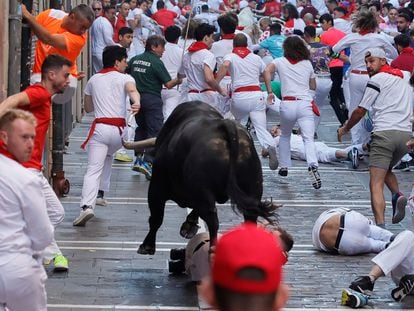Un toro rezagado de la ganadería gaditana de Fuente Ymbro entra en la calle de la Estafeta durante el segundo encierro de los Sanfermines 2022.