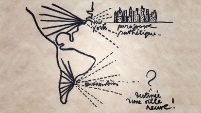 Le Corbusier thought of Buenos Aires as a beacon city of America, along with New York.  Both are projected in this drawing that he made during his stay in the Argentine capital.