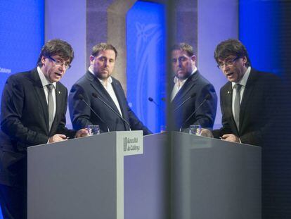 Carles Puigdemont i Oriol Junqueras anuncien el nou Govern.