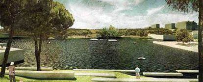 Recreación del lago visto desde el anfiteatro que se levantará en el parque de Valdebebas.