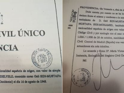 Documento del Registro Civil de Valencia que acredita la nacionalidad española de Brahim Gali.