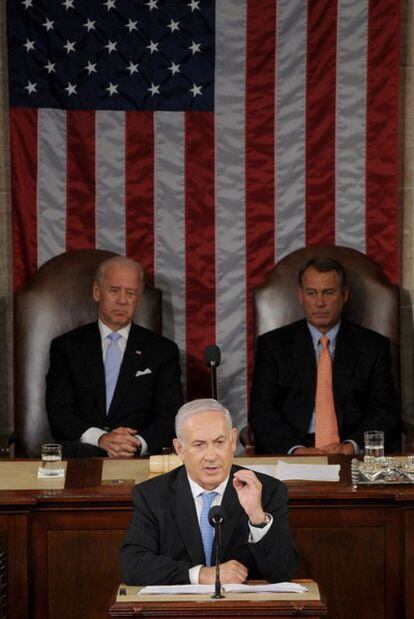 El primer ministro de Israel, Benjamin Netanyahu, pronuncia un discurso ante ambas cámaras del Congreso de Estados Unidos, en Washington, el 24 de mayo de 2011.