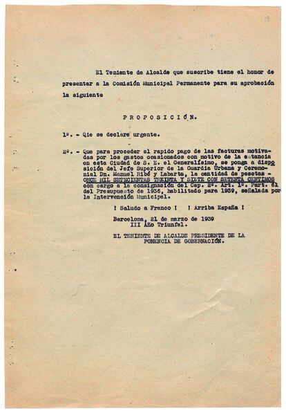 Carta del tinent d'alcalde de l'Ajuntament de Barcelona demanant l'abonament ràpid de les factures generades per l'estada de Franco a Barcelona.