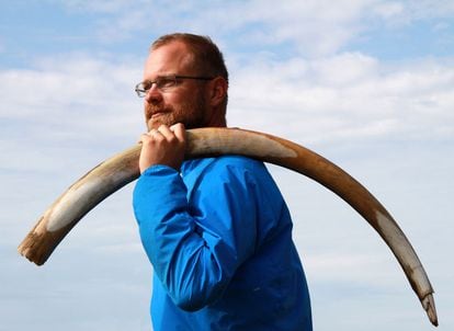 El paleogenetista Love Dalén sostiene un colmillo de mamut hallado en Siberia.