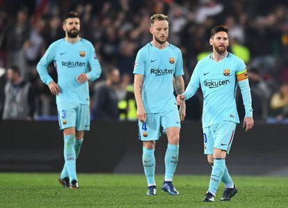 Messi, Rakitic y Piqué, en el Olímpico de Roma.