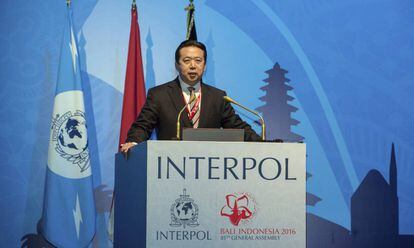 El viceministro de Seguridad P&uacute;blica chino, Meng Hongwei, en la asamblea general de Interpol este jueves en Bali (Indonesia).
