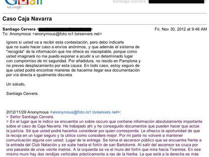 E-mail que recibi&oacute; Santiago Cervera cit&aacute;ndole para entregarle documentaci&oacute;n sobre la Caja de Navarra y su respuesta.