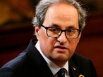 (FILES) In this file photo taken on June 02, 2018 Catalan regional president Quim Torra delivers a speech during an official swearing-in ceremony for the new government at the Generalitat Palace in Barcelona. - Spain's top court upheld on September 28, 2020 a court ruling disqualifying Catalan separatist president Quim Torra from office for disobedience, triggering a fresh political crisis in the middle of the pandemic. (Photo by PAU BARRENA / AFP)