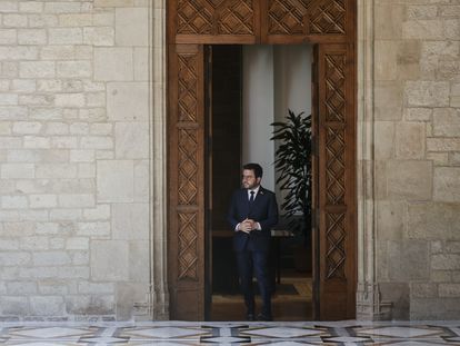 El presidente de la Generalitat, Pere Aragonès, antes de su comparecencia de este martes en el Palau.