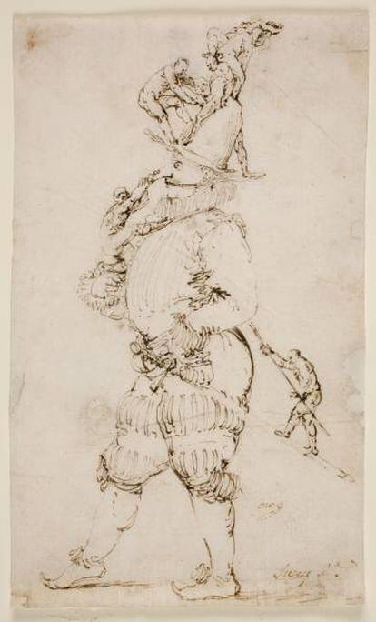 'Escena fantástica: caballero con hombrecillos subiendo por su cuerpo' de Ribera.