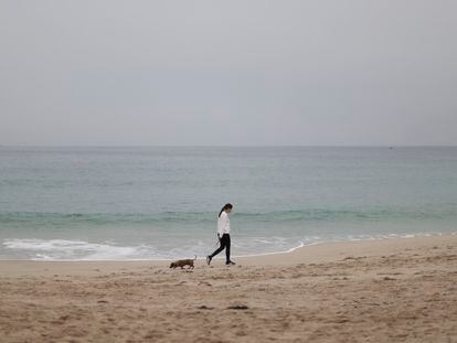 Una mujer y su perro pasean por la playa del Orzán, en A Coruña, el pasado 5 de octubre.