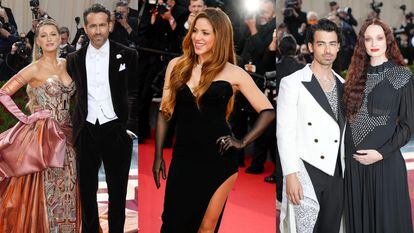 De izquierda a derecha, Blake Lively y Ryan Reynolds; Shakira; y Joe Jonas y Sophie Turner.