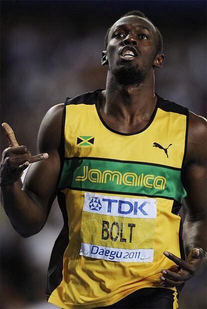 Bolt, después de ganar los 200m de Daegu.