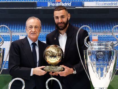 Florentino Pérez y Karim Benzema, este martes en una imagen difundida por el Real Madrid.