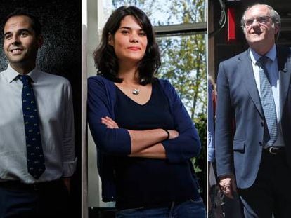 Candidatos a la Comunidad de Madrid que acudirán al debate organizado por EL PAÍS y la cadena SER. Desde la izquierda: Íñigo Errejón, de Más Madrid; Ignacio Aguado, de Ciudadanos; Isabel Serra, de Unidas Podemos; Ángel Gabilondo, del PSOE; y Rocío Monasterio, de Vox.